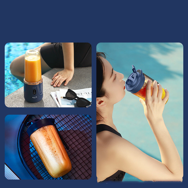 Collage of the portable blender being used by a pool