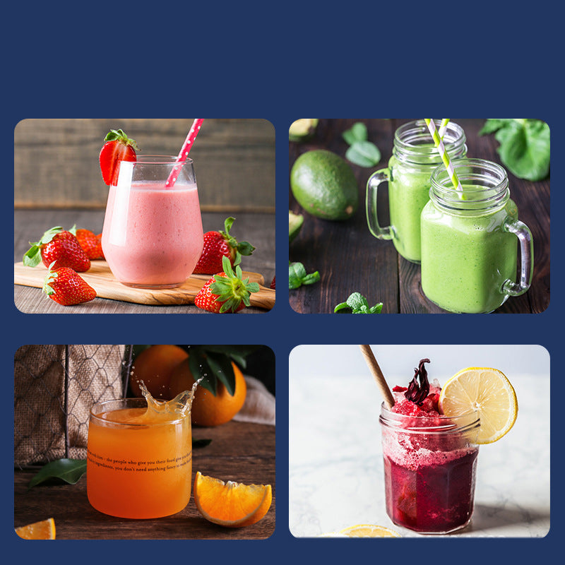 Collage of smoothies and juices in glasses