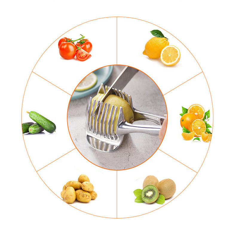 Slicing guide shown with lemon, tomato, orange, cucumber, potatoes and kiwi