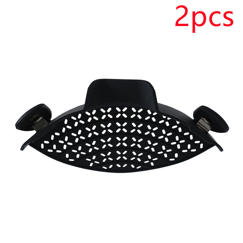 Black clip-on silicone pot strainer labeled 2 pcs