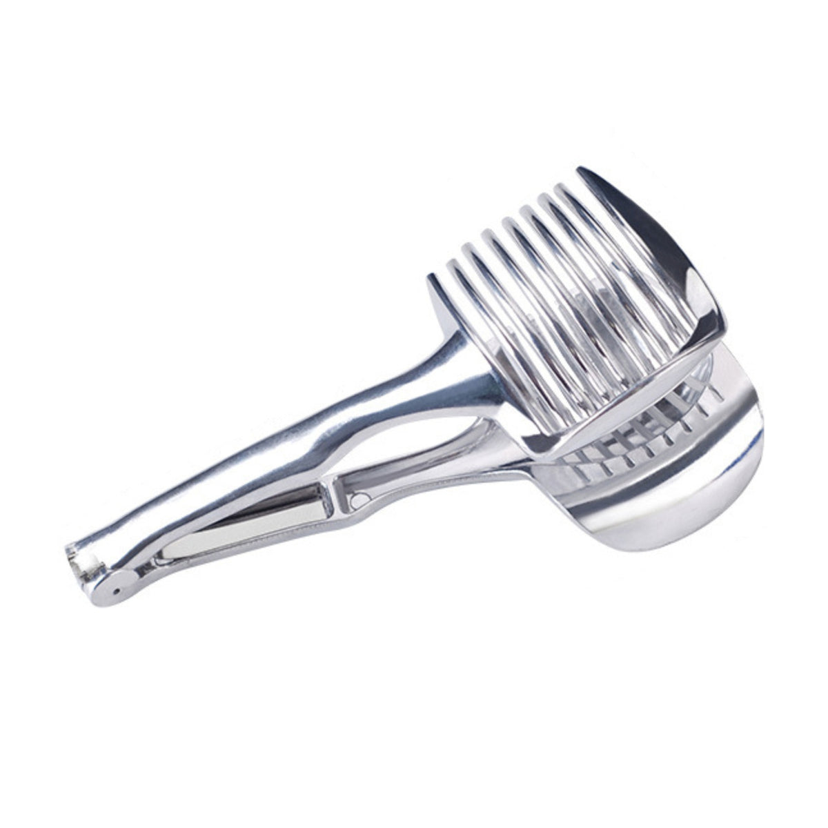 Silver handheld slicing guide with curved tines on a white background
