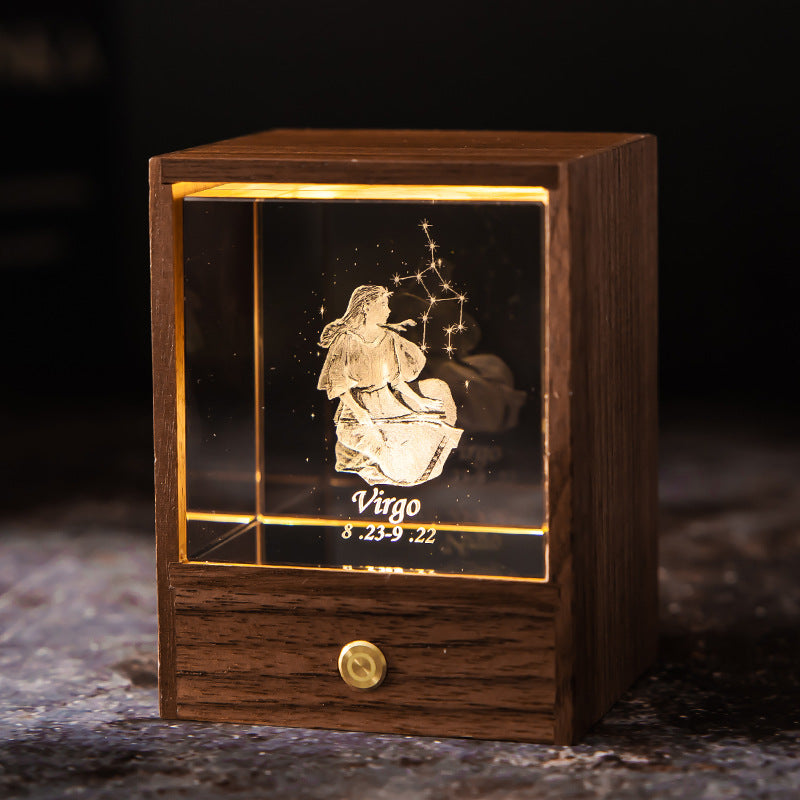 Lit Virgo crystal night light with engraved figure and constellation in a walnut base