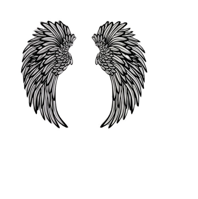 Pair of black laser-cut metal angel wings on a white background
