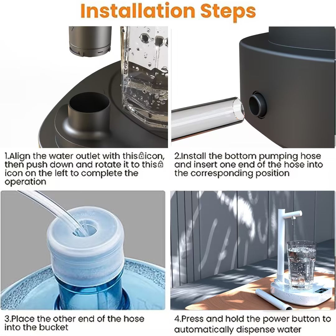 Four-step installation guide for the water dispenser pump and hose