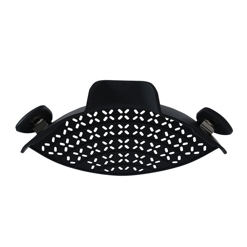 Black clip-on silicone pot strainer, front view