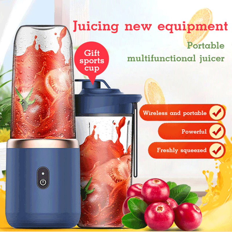 Navy portable blender with an extra travel cup, shown with fruit and promotional text