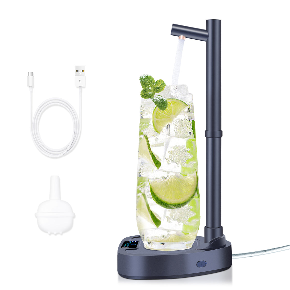 Navy water dispenser pump with USB charging cable and hose filter