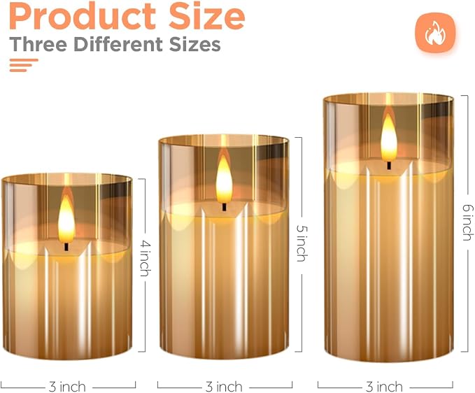 Size chart showing three candles, each 3 inches wide and 4, 5 and 6 inches tall