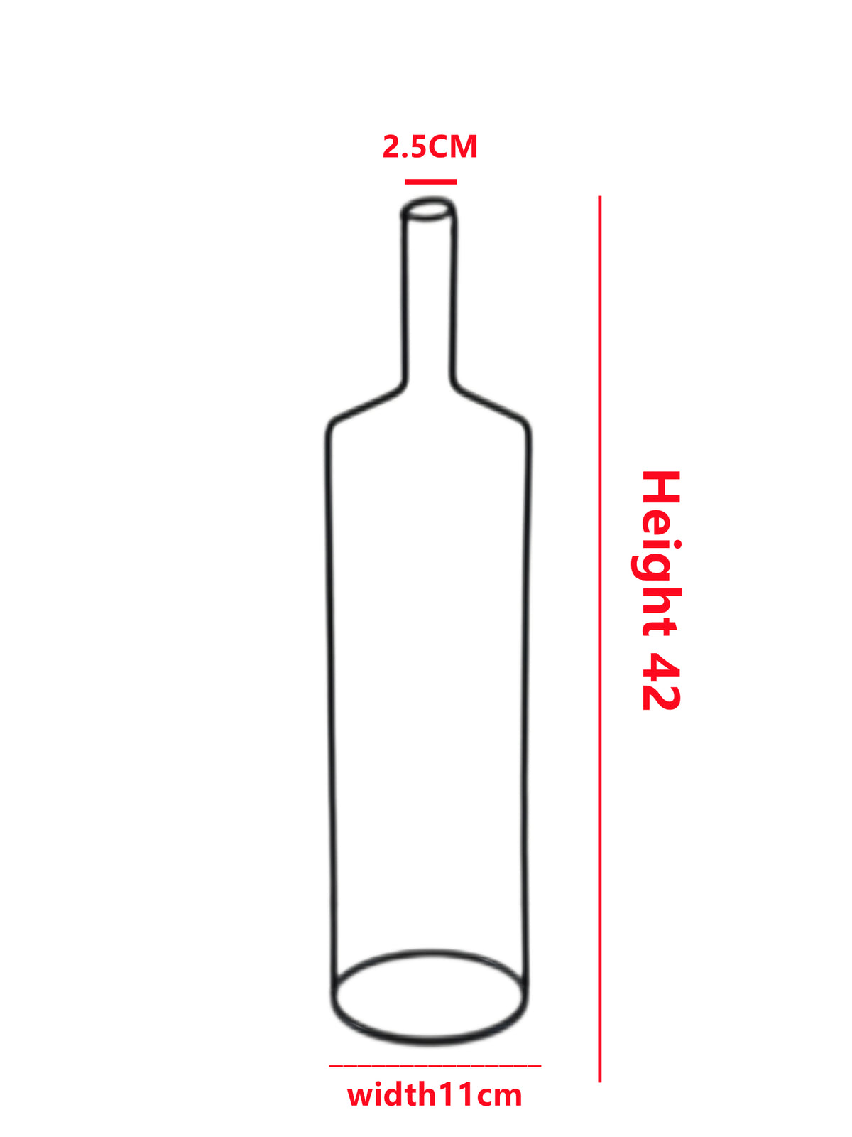 Diagram of the wire bottle vase: 42 cm high, 11 cm wide, 2.5 cm top opening