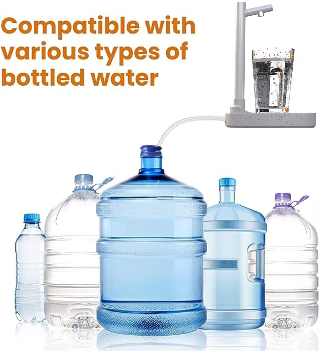Water dispenser pump shown with bottled water jugs of different sizes