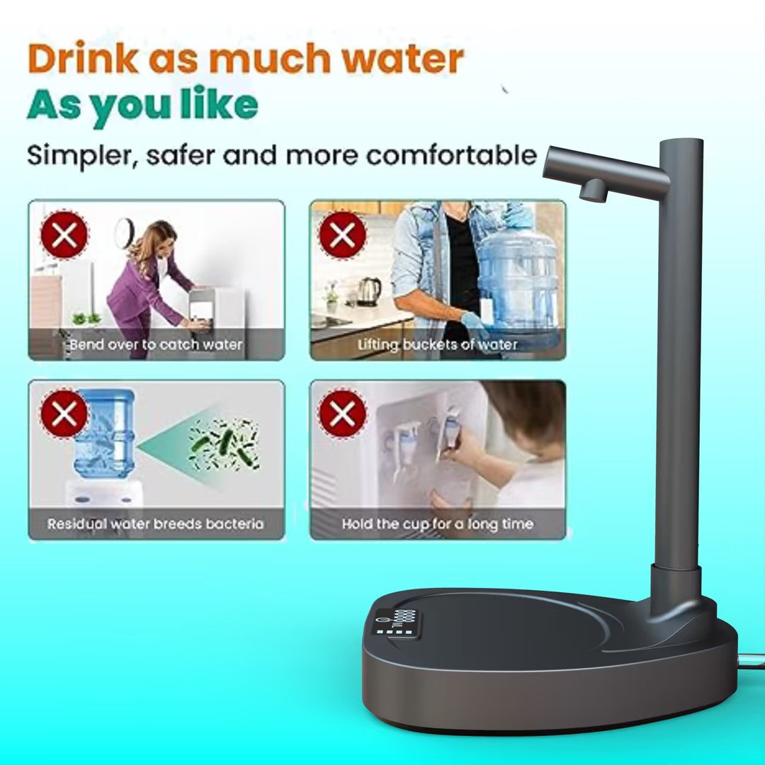 Navy water dispenser pump with stand, with graphics about avoiding lifting heavy water jugs