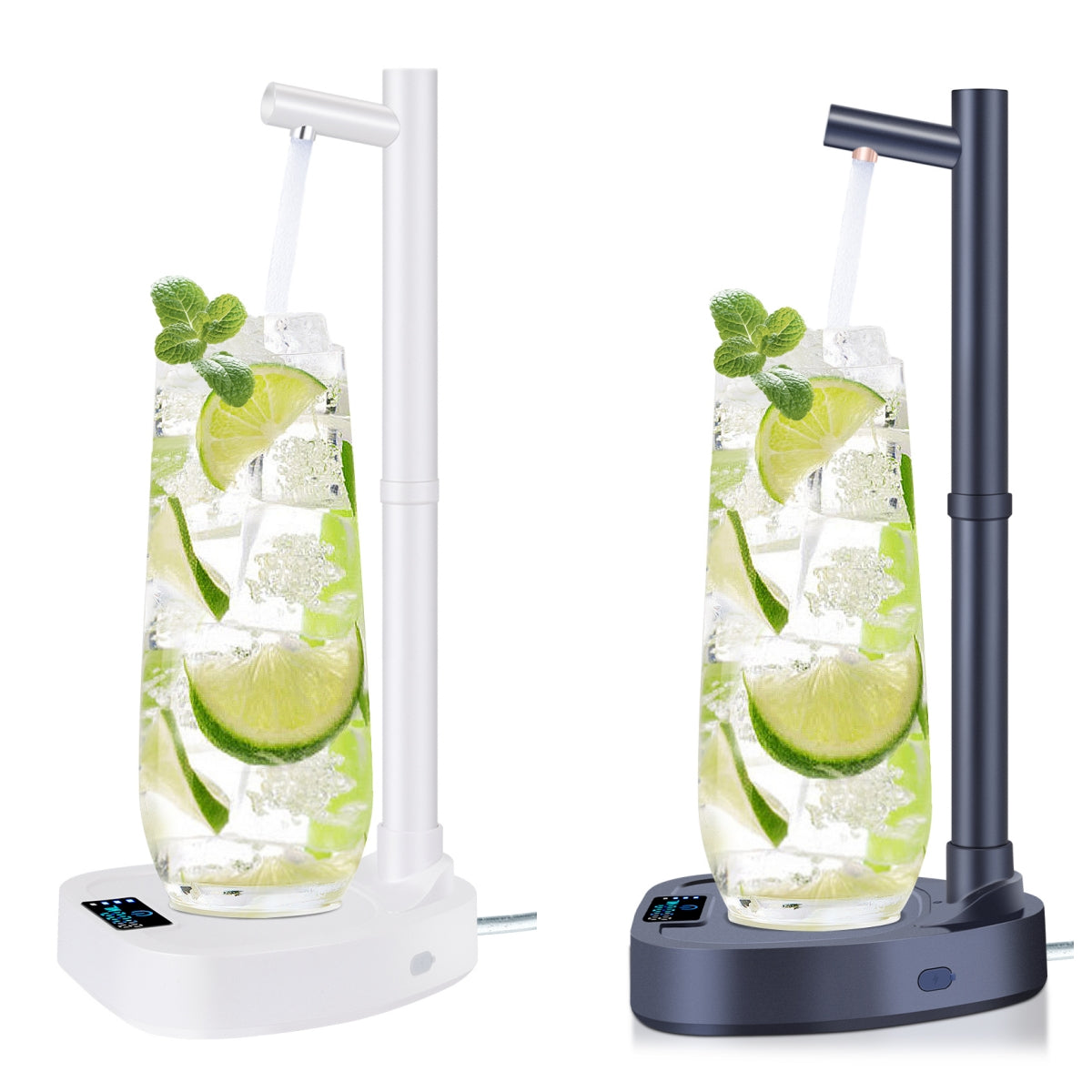 Electric water dispenser pump with stand in white and navy, each filling a glass